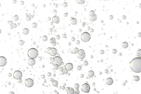 Isolated grey water bubbles, flows over a white background. Fizz, oxygen.