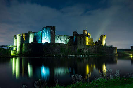 Caerphilly Castle Illuminated at Nightのeditorial素材