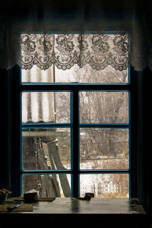 winter outside the window, table by the windowの写真素材