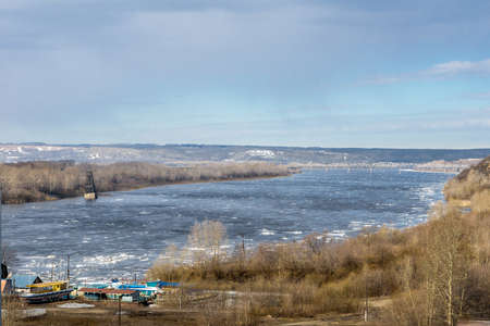 spring sunny day, ice drift on the riverの写真素材