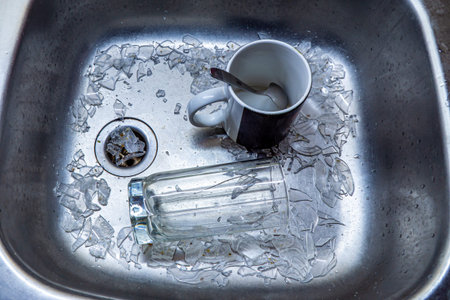 a broken glass in a pile of glass shards and a ceramic mug with a spoon lie in a steel kitchen sink