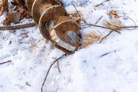 cutting edge of a geological drill with frozen clay adhered to it and maple branches with seeds lying on the snowの写真素材