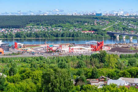 Kemerovo, Russia - June 24, 2021. Moscow square on the banks of the Tom River, improvement of the river embankment for recreation and entertainment, selective focusのeditorial素材