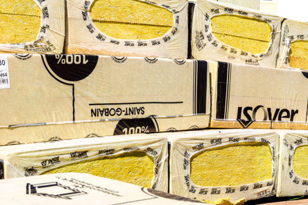 July 02 2021 - Kemerovo, Russia. Packages of Isover insulation boards intended for facade work,...