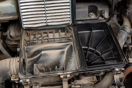A dusty car air filter taken out of the engine for replacement, showing how it collects dirt over time and why regular changes are important with selective focus on the filter surfaceの写真素材