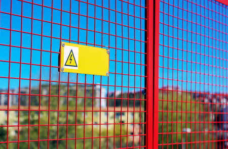 High voltage warning sign hanging from the red grille somewhere in Poland