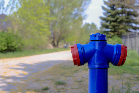 A blue fire hydrant standing at the edge of the road somewhere in Poland