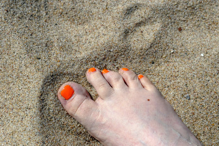 Female foot with red nails on the sand in Polandの写真素材