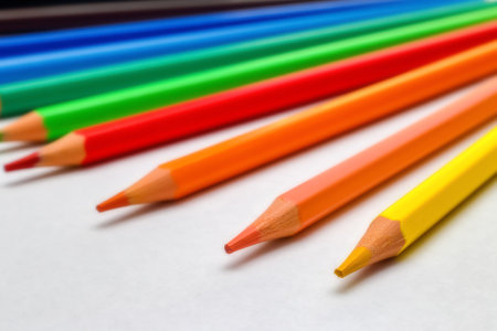 Many multicolored pencils isolated on a white backgroundの写真素材