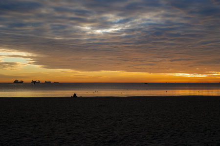 Sunrise on the beach in Gdynia, Polandの写真素材