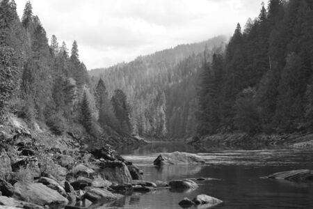 Black and white landscape shot of beautiful river の写真素材