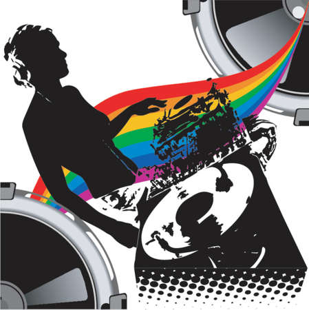 Girl DJ and Rainbow Music.のイラスト素材