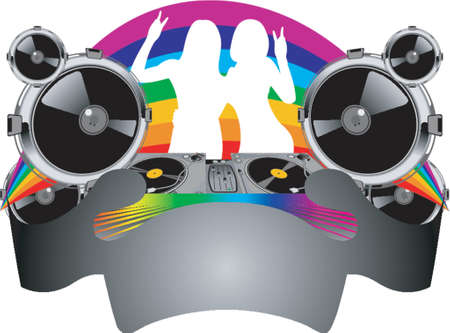 Twins Girls Silhouette, Turntable, Sound, Rainbow and Bannerのイラスト素材