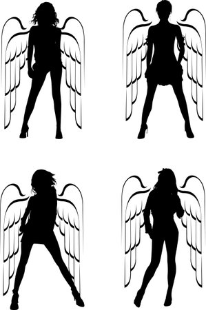 Four Silhouette Winged Girls Angels. Vector Illustration.のイラスト素材
