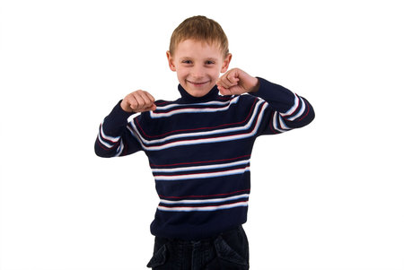 Gesture Little Boy. Studio Shoot Over White Background.の写真素材
