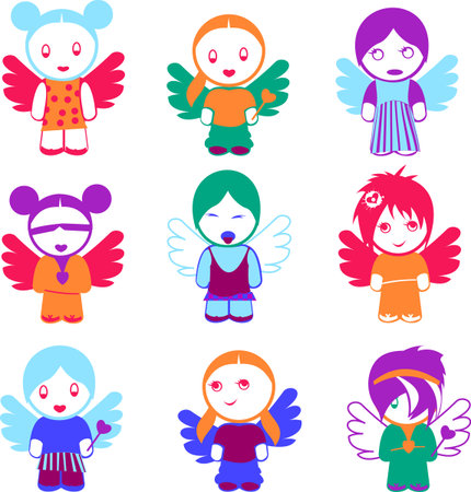 Set Of Nine Colorful Angel Girl Dolls.のイラスト素材