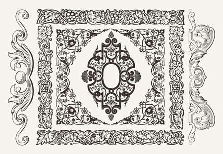 Vector set of golden ornate page decor elements: borders, banner, dividers, ornaments and patternsのイラスト素材