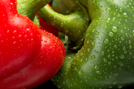 Cut shot of green,red bell pepper background with droplets of water
