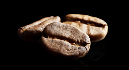 Macro closeup shot of coffee beans isolated on black backgroundの写真素材