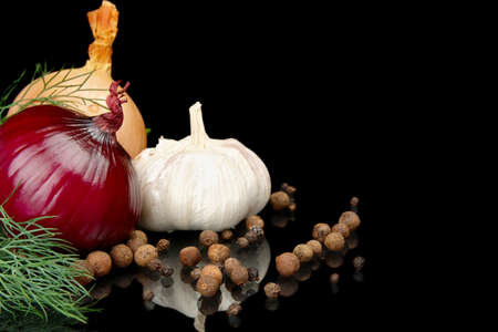Onions,red onions,dill,pepper,allspice and garlic isolated on black backgroundの写真素材