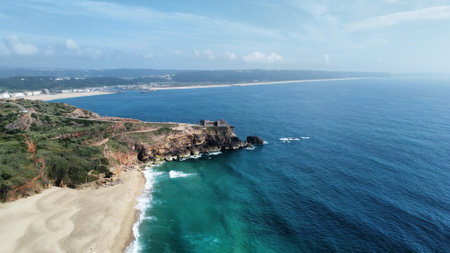 Drone shot over Nazare aerial viewの写真素材