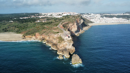Drone shot over Nazare aerial viewの写真素材