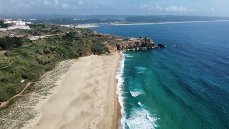 Drone shot over Nazare aerial viewの写真素材