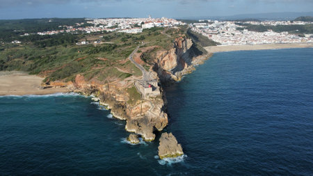 Drone shot over Nazare aerial viewの写真素材