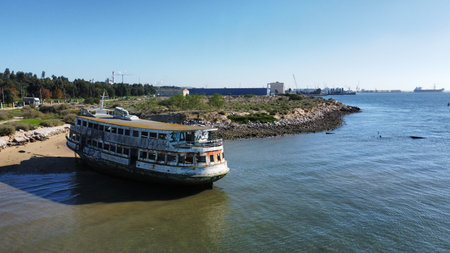 Aerial view of a boat on the shore.