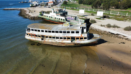 Aerial view of a boat on the shore.