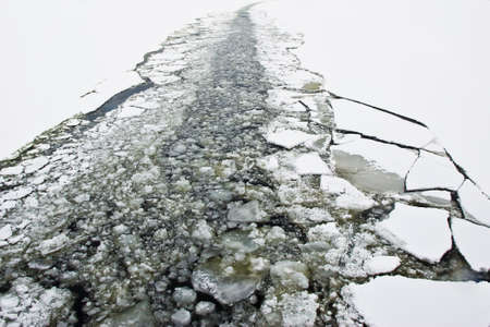 Trail left by an icebreaker on an ice fieldの写真素材