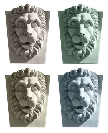 Lion head sculpture four colored variants isolated on whiteの写真素材