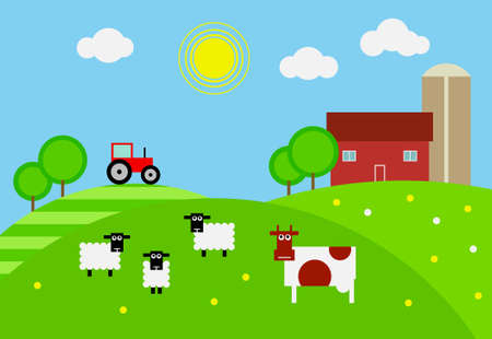 Cartoon farm with house, tractor and livestock on the pastureのイラスト素材