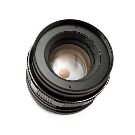 Retro camera lens with fixed focal length. Isolated on white