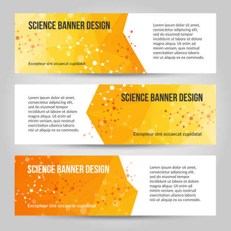 Abstract polygonal vector banners set. Low poly banners with triangles. Science and medicine template. Molecule structure.White, yellow, orange colorsのイラスト素材