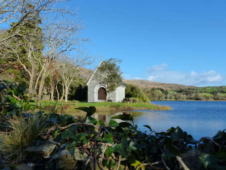 Gougane Barra Church and lake view West Cork Irelandの写真素材