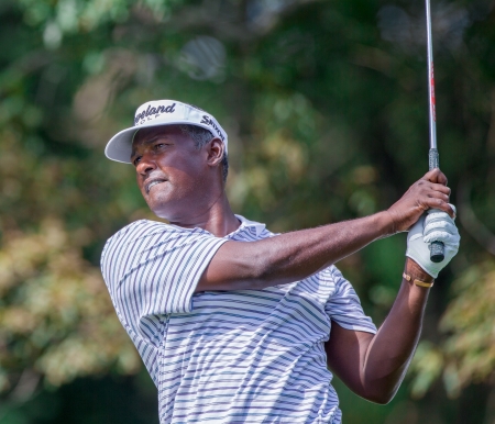 FARMINGDALE, NY - AUGUST 21: Vijay Singh hits a tee shot at Bethpage Black during the Barclays on August 21, 2012 in Farmingdale, NY.のeditorial素材