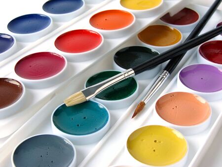 watercolor paints set with brushes                               の写真素材