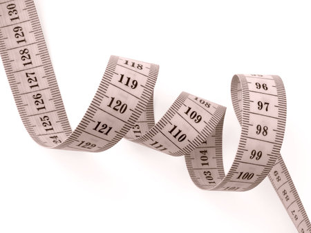 sepia toned curved measuring tape fragment on white                               