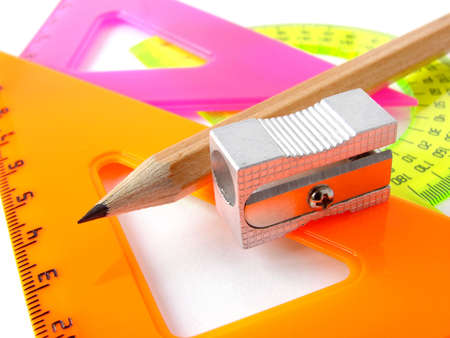 colorful rulers set and pencil with sharpener                               の写真素材