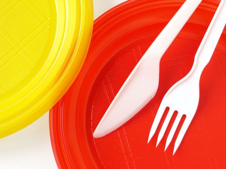 colorful disposable dishware set fragment                                の写真素材