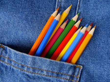 denim pocket with color pencils set                              の写真素材