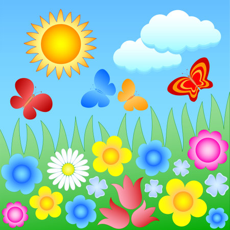 flowering meadow with butterfliesのイラスト素材