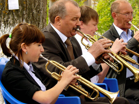 BUDYONNOVSK, STAVROPOL REGION, RUSSIA - MAY 1, 2014  trumpeters from municipal brass band on the Labor Day celebration, on 1st of May 2014, in Budyonnovsk, Russia のeditorial素材