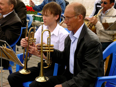 BUDYONNOVSK, STAVROPOL REGION, RUSSIA - MAY 1, 2014  trumpeters from municipal brass band on the Labor Day celebration, on 1st of May 2014, in Budyonnovsk, Russia のeditorial素材
