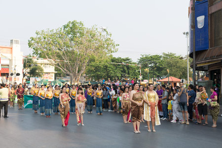 King Narai festival. 11 February 2018, Lopburi, Thailand. Festival to to celebrate King Narai the Great. people parade in old Thai culture fashion. the festival took place in every february of the years.のeditorial素材
