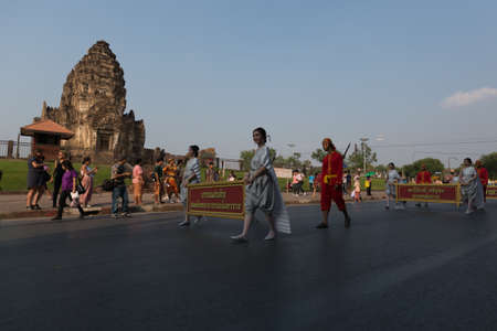 King Narai festival. 11 February 2018, Lopburi, Thailand. Festival to to celebrate King Narai the Great. people parade in old Thai culture fashion. the festival took place in every february of the years.のeditorial素材