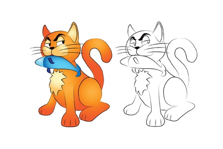 Cartoon cat with fish isolated on whiteのイラスト素材