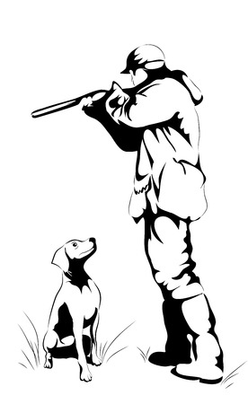 Hunter with a Pointer Preparing to Shoot  isolated on whiteのイラスト素材