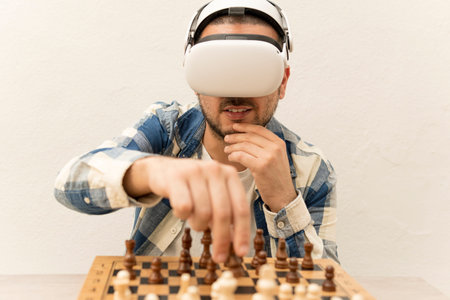 Thoughtful man playing online chess on his virtual reality goggles in his home